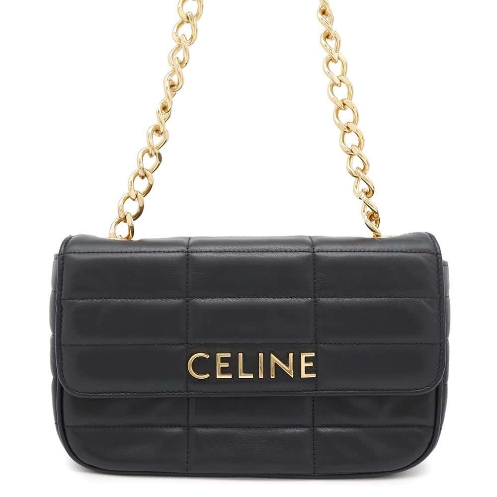 Celine Chain Shoulder Bag Logo Leather Black